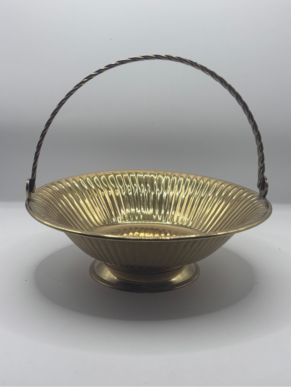 Vintage Sears Brass-Tone Ribbed Decorative Basket with Twisted Handle